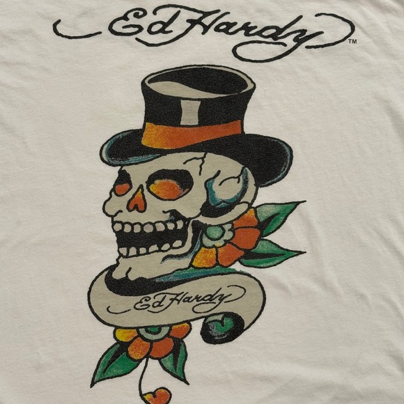 Ed Hardy White T-Shirt XXL Skull Top Hat Tattoo Graphic Menswear - Picture 2 of 9